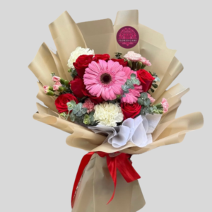 Delicado Ramo con Rosas Rojas y Gerbera Rosada