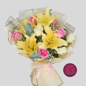 Ramo con Lirios Amarillos y Rosas Rosadas